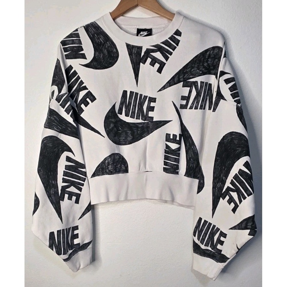 Nike Sportswear Icon Print Women M Fleece Crew Clash White Black Street Pullover